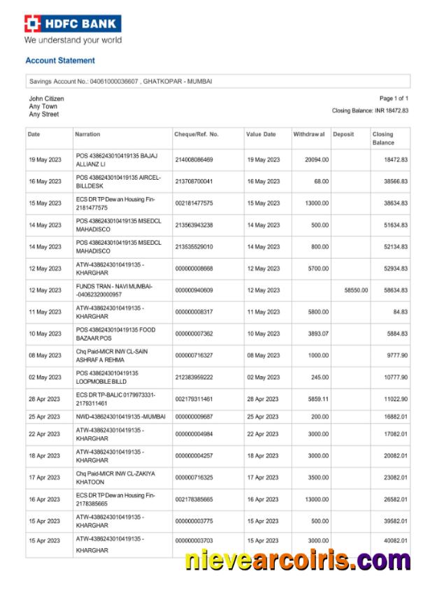 India HDFC Bank statement, Word and PDF format